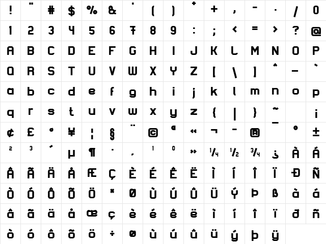 Lastwaerk black Regular  glyph index