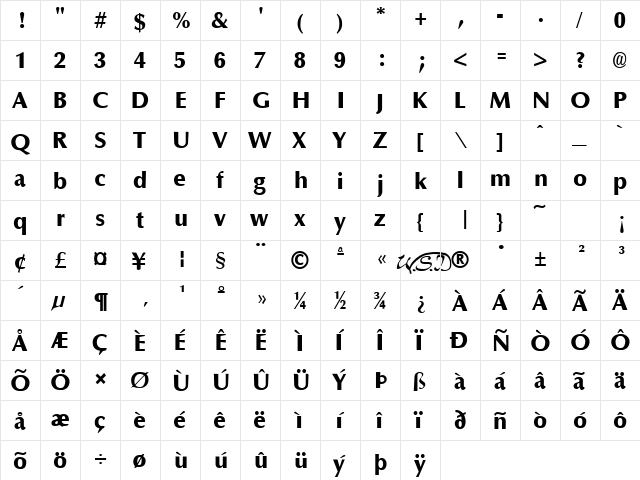 Optane ExtraBold Regular  glyph index