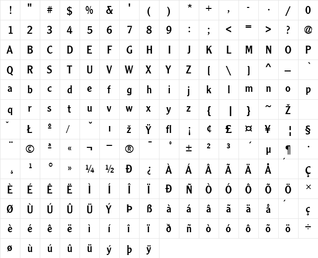 ClearfaceGothic Regular  glyph index