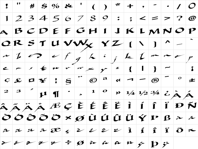 Ancient Regular  glyph index