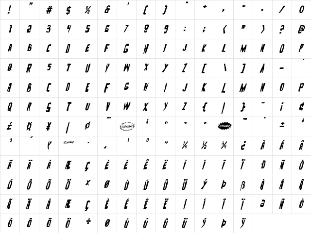 Zakenstein Italic Italic  glyph index