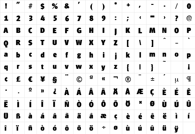 GlasgowSerial-Heavy Regular  glyph index