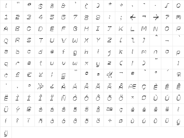 KneeonSquare Italic Regular  glyph index