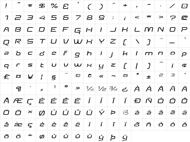 AunchantedExpandedBoldOblique Regular  glyph index