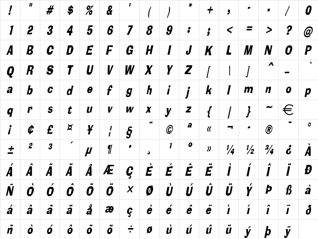 AlorCondensed Italic  glyph index