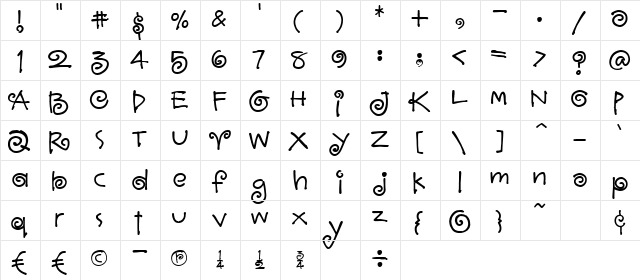 CurlyQ Regular  glyph index