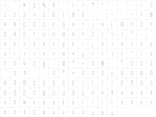 Armada ThinCondensed  glyph index