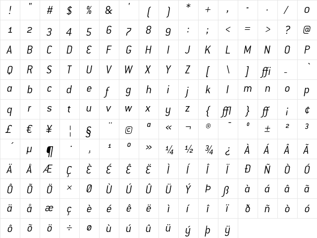 ConduitOSITC LightItalic  glyph index