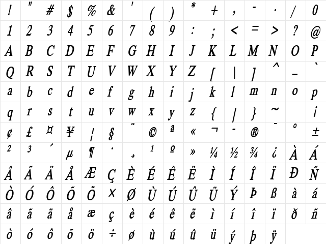 DukeCondensed BoldItalic  glyph index