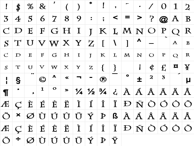 Chaz Wide Bold  glyph index