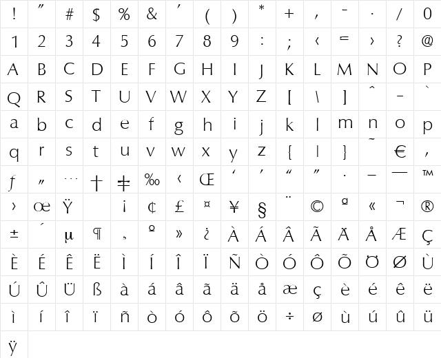 Columbia-Xlight Regular  glyph index
