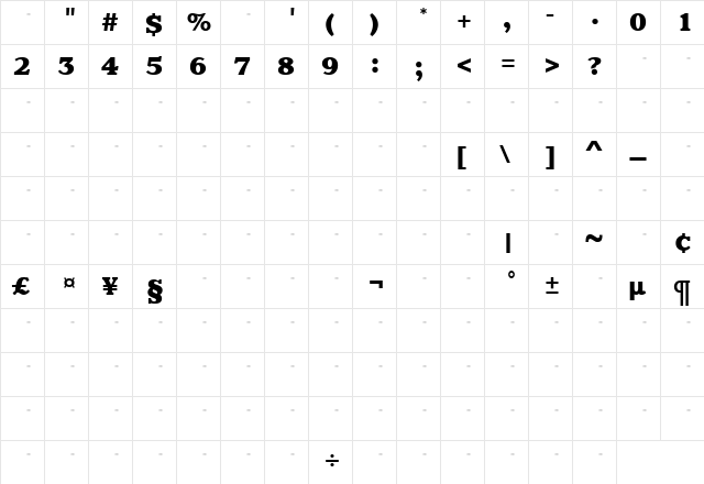 ClaremontExBoldTab Roman  glyph index