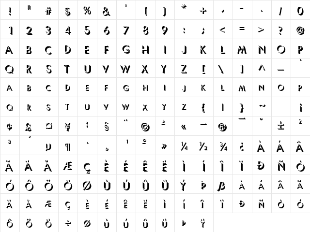 GE Sun Screen Caps Regular  glyph index