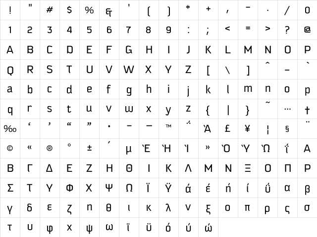 Kautiva Greek Book Regular  glyph index