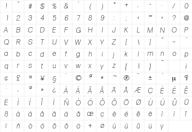 Formula-Serial-ExtraLight RegularItalic  glyph index