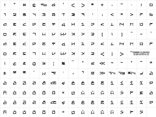 Experi Regular  glyph index