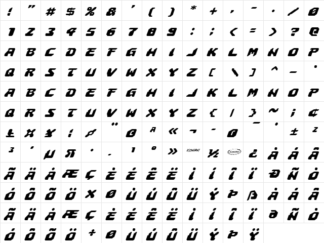 Astropolis Italic Italic  glyph index