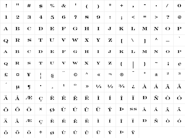 Engravers LH Bold Face  glyph index