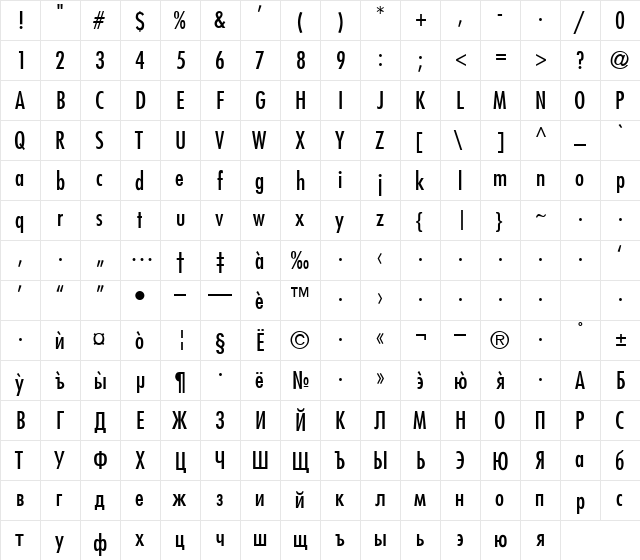 GermanCondensed Regular  glyph index