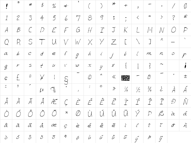 BrettsHand Regular  glyph index