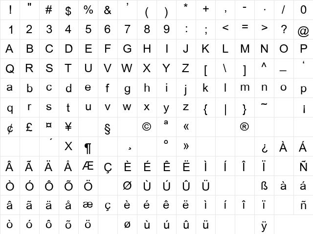Hexon Regular  glyph index