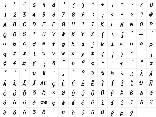 BaseMonoWideRegItalic Italic  glyph index