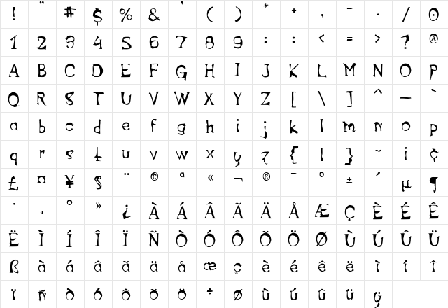 FreeDom Regular  glyph index