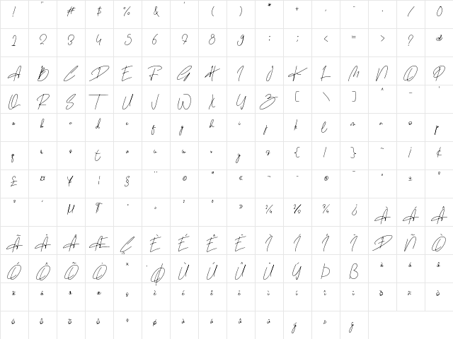 Beligh pen Regular  glyph index