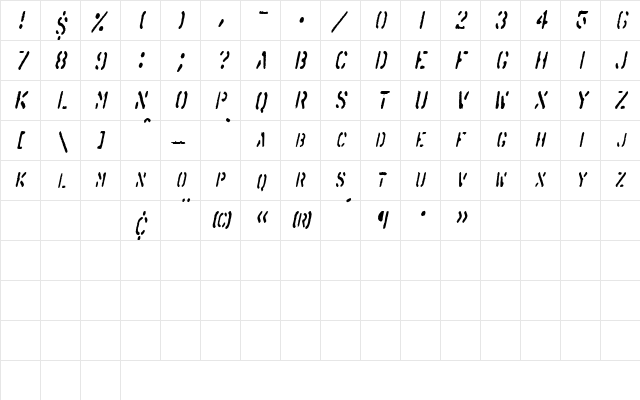 SprayStencilCondensed Oblique  glyph index