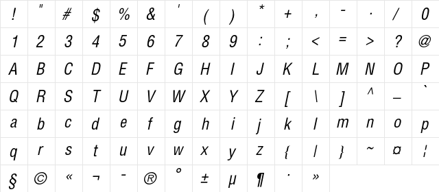 HeliosCond Italic  glyph index