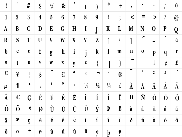 BaskertonCondSW Bold  glyph index