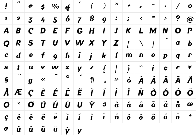 Jackdaw Italic  glyph index