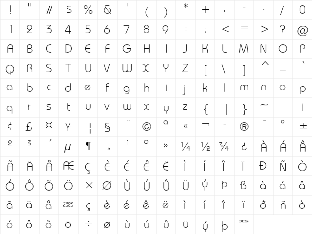 FFX European Thin Light  glyph index
