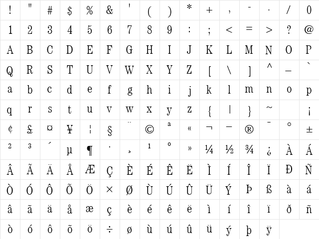 CenturyLightCondSSK Regular  glyph index