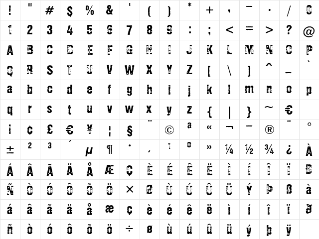Eroxion BT Roman  glyph index