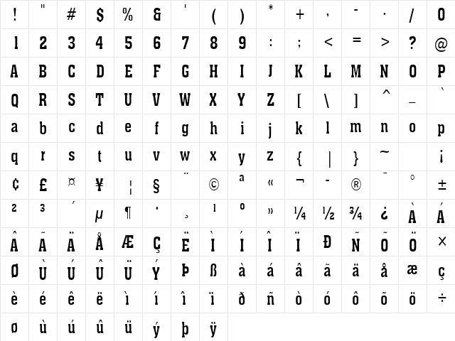 Ache Condensed Normal  glyph index