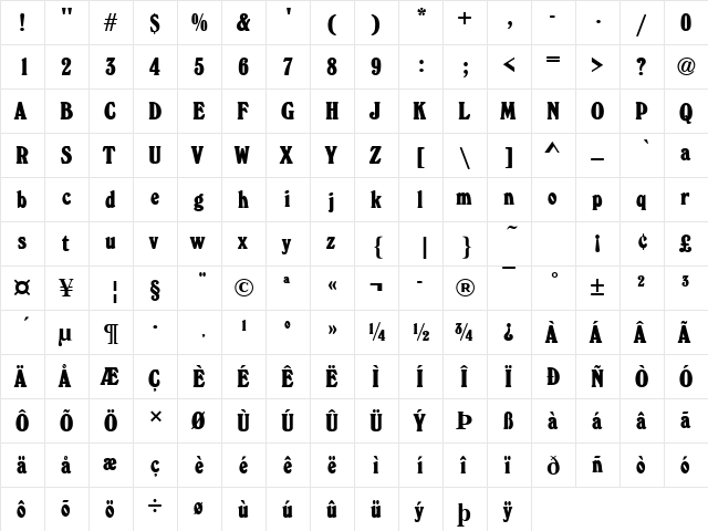 WindsorDExtBolCon Regular  glyph index