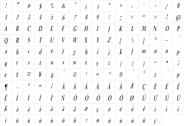 Horn Thin Italic  glyph index