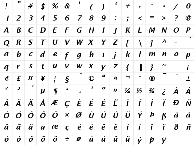 Lucida Becker Sans Demi Italic  glyph index