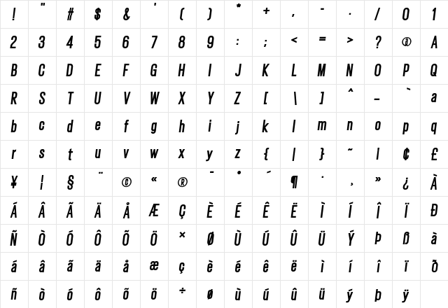 Gatty Extra Bold Italic  glyph index