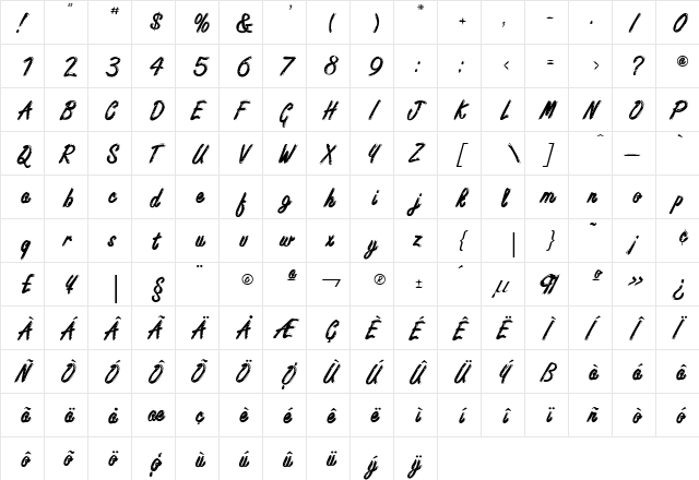 Freestyle Script Bold  glyph index