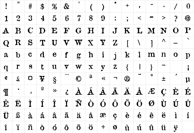 Antique Type Regular  glyph index