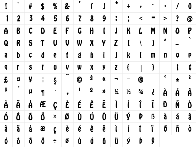 Bobo Thin Bold  glyph index