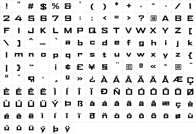 AgencyFB Bold Extended Regular  glyph index
