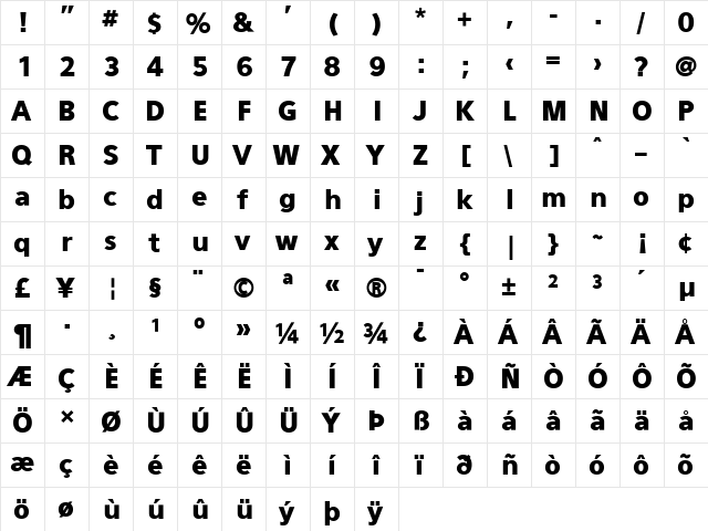 Eau Sans Black Lining  glyph index