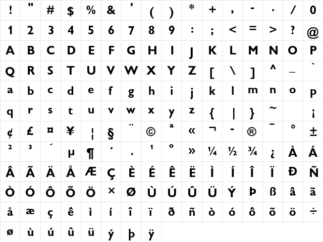 Gill Sans Display MT Pro Bold  glyph index