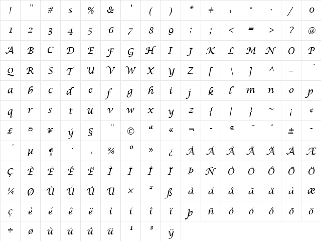 LucidaCalligraphyEF Regular  glyph index