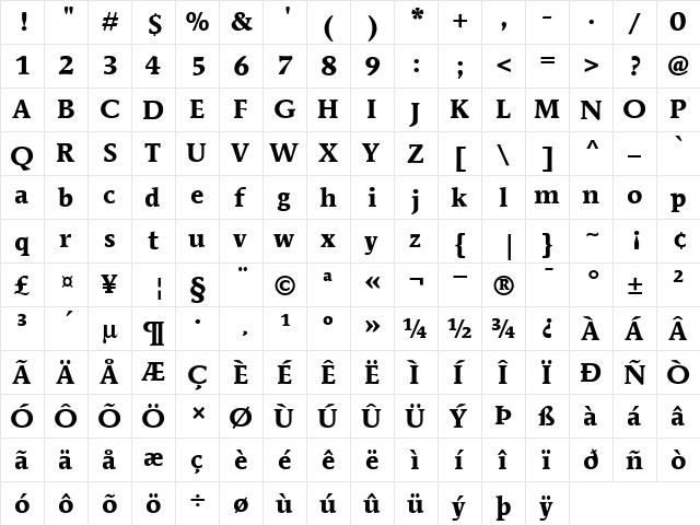 ITCMendozaRoman Bold  glyph index