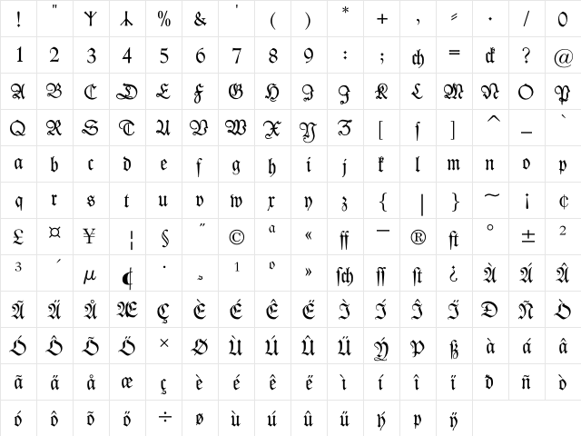Kleist-Fraktur Zierbuchstaben Regular  glyph index