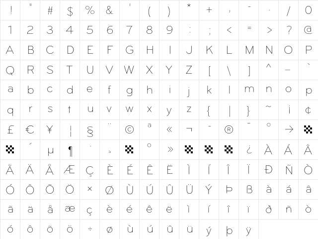 Bryant-Light Regular  glyph index